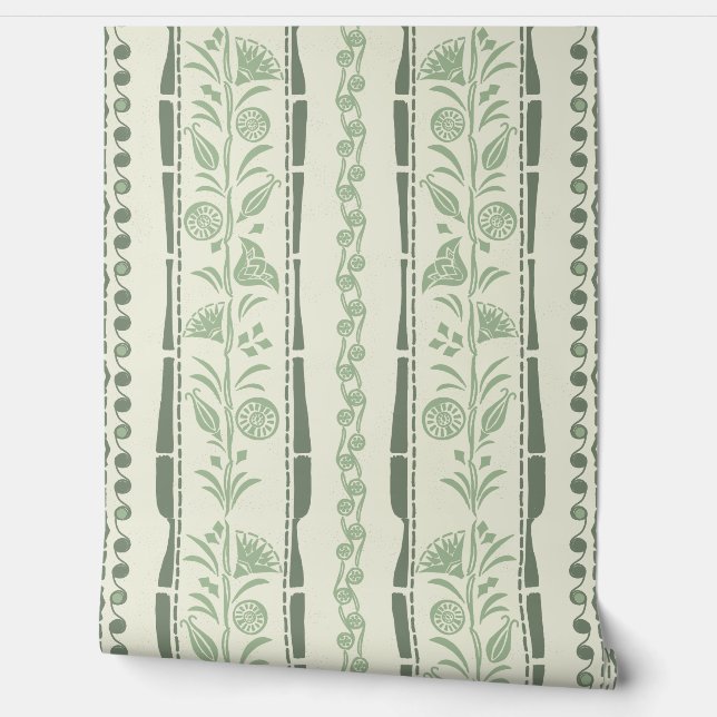 Regency Floral Stripes - Sage Green - Cream Behang (Afrollen)