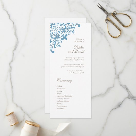 Regency French Blue Fleur de Lis Pattern Wedding Programma (Voorkant / Achterkant in situ)