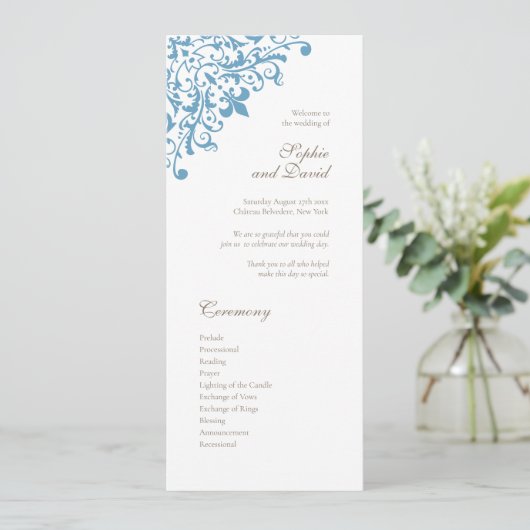 Regency French Blue Fleur de Lis Pattern Wedding Programma (Staand voorkant)