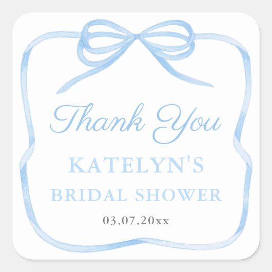 Regency Light Blue Bow Wedding Shower Favoriet Vierkante Sticker (Voorkant)