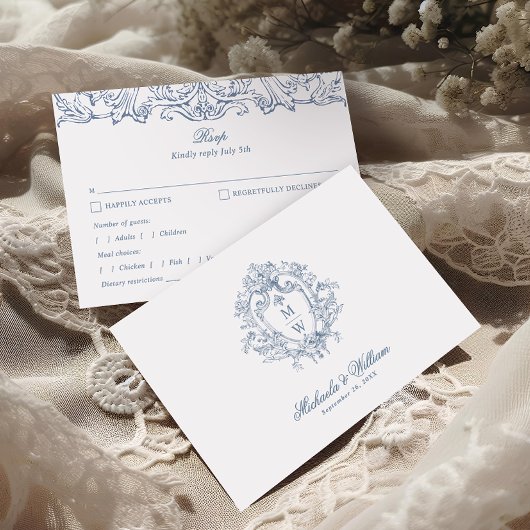 Regency Monogram Crest Elegant Wedding RSVP Kaartje