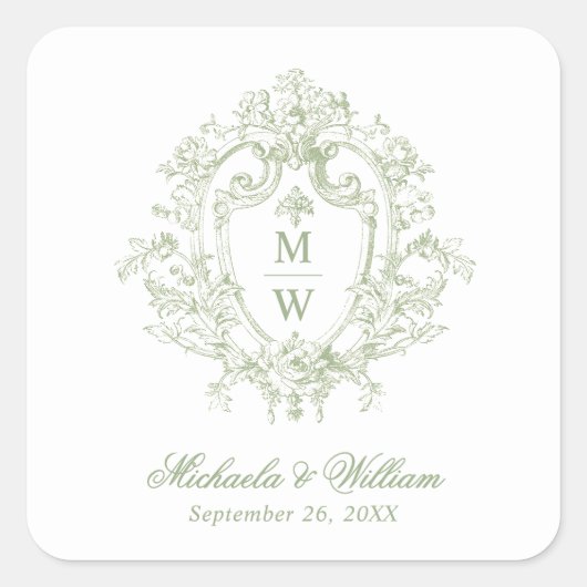  Regency Monogram Crest Wedding Vierkante Sticker (Voorkant)