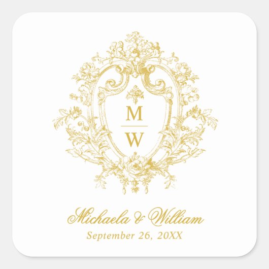  Regency Monogram Crest Wedding Vierkante Sticker (Voorkant)