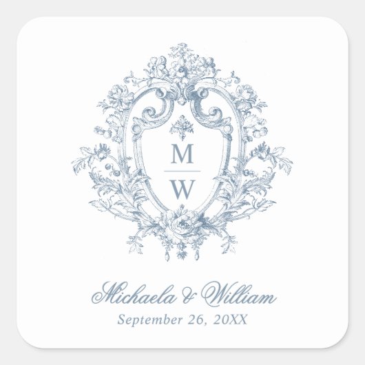  Regency Monogram Crest Wedding Vierkante Sticker (Voorkant)