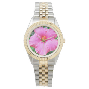 "Regendroppetalen: Roze Hibiscus in Zachte Regenbu Horloge