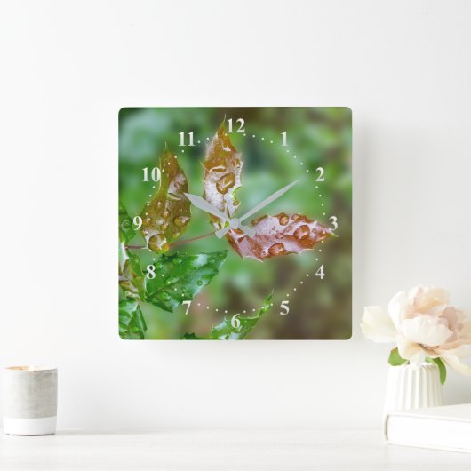 regendruppels op bladeren vierkante klok (Huis)