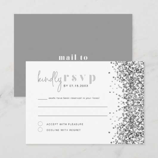 REGINA Zilveren Glitter Lovertjes Disco RSVP Kaart (Voorkant / Achterkant)
