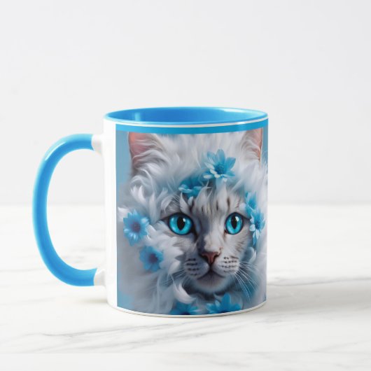 Regular blue mug with beautiful white cat  (Gauche)