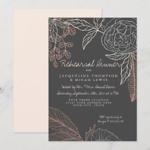 Rehearal Dinner Line Art Charcoal Floral Peony Kaart