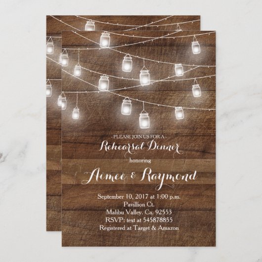 Rehearal Dinner Mason Jar String Light Kaart (Voorkant / Achterkant)