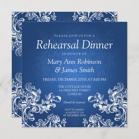 Rehearal Dinner Swirls 2 Sapphire Blue Kaart (Voorkant / Achterkant)