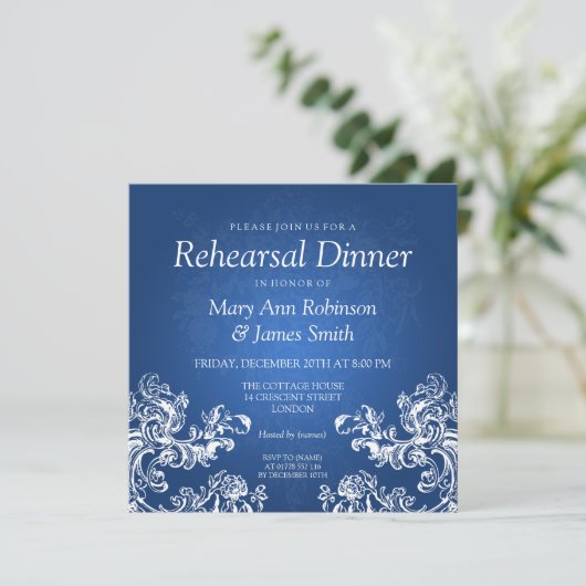 Rehearal Dinner  Swirls 2 Sapphire Blue Kaart (Staand voorkant)