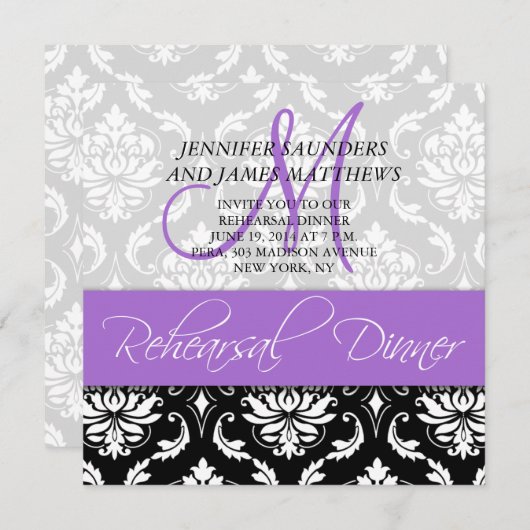 Rehearsal Dinner Invite Damask Monogram Lavender Kaart (Voorkant / Achterkant)