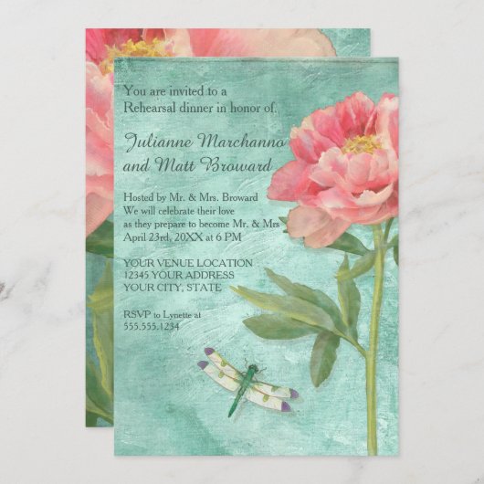 Rehearsal Dinner Peony Flowers in Dragonfly Kaart (Voorkant / Achterkant)