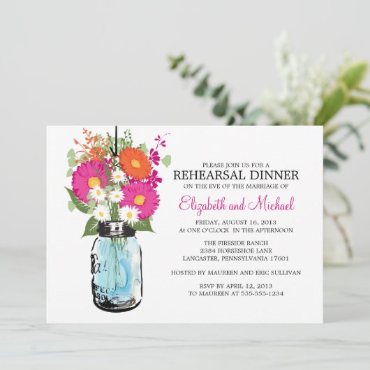 Rehearsal Dinner Rustic Mason Jar Gerber Daisies Kaart (Staand voorkant)