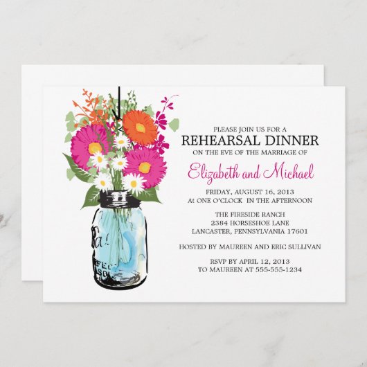 Rehearsal Dinner Rustic Mason Jar Gerber Daisies Kaart (Voorkant / Achterkant)