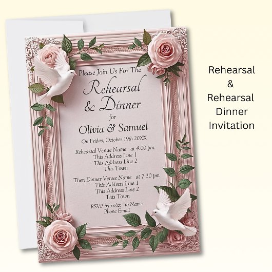Rehearsal Invitation Card Pink Roses & Doves