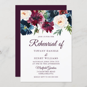 Rehearsal van Navy & Burgundy Red Wine Flowers Kaart
