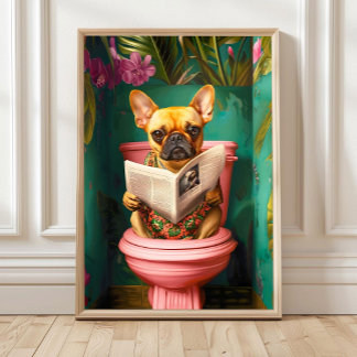 Rehkleurige Franse Bulldog zittend op Toilet Print
