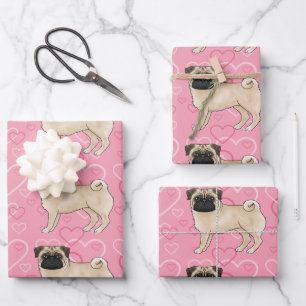 Rehkleurige Pug Hond Cartoon moppen Roze Liefde Ha Inpakpapier Vel