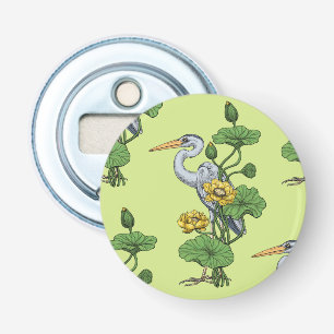 Reiger in de Gele Lotus Tuin op honingdauw Button Flesopener