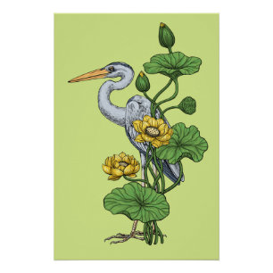Reiger in de Gele Lotus Tuin op honingdauw Perfect Poster