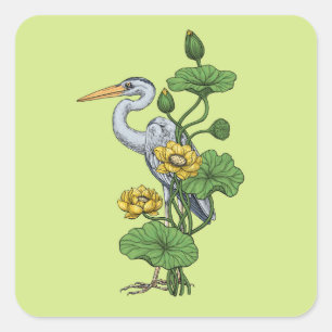 Reiger in de Gele Lotus Tuin op honingdauw Vierkante Sticker