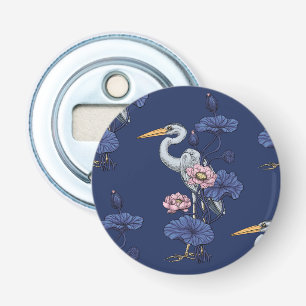 Reiger in de Roze Lotus Tuin op delpht blauw Button Flesopener