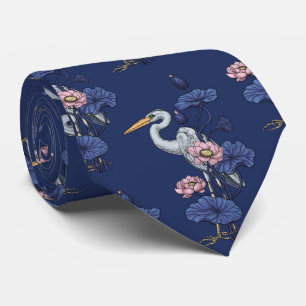 Reiger in de Roze Lotus Tuin op delpht blauw Stropdas