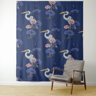 Reiger in de Roze Lotus Tuin op delpht blauw Wandkleed
