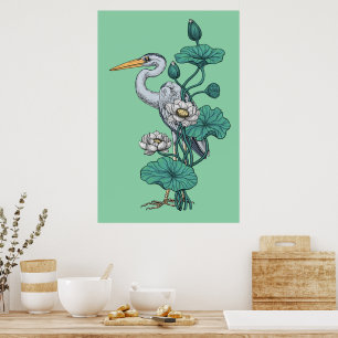 Reiger in de Witte Lotus Tuin op jade Poster