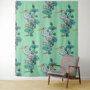 Reiger in de Witte Lotus Tuin op jade Wandkleed