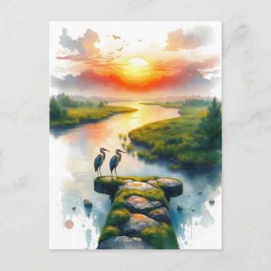 reigers bij zonsondergang briefkaart (Voorkant)