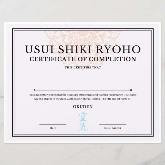 Reiki certificaat van voltooiing (OKUDEN) (Voorkant)