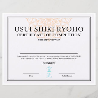 Reiki Certificaat van Voltooiing (SHODEN)