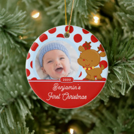 Reindeer Baby Boy Fotokerstversiering Keramisch Ornament