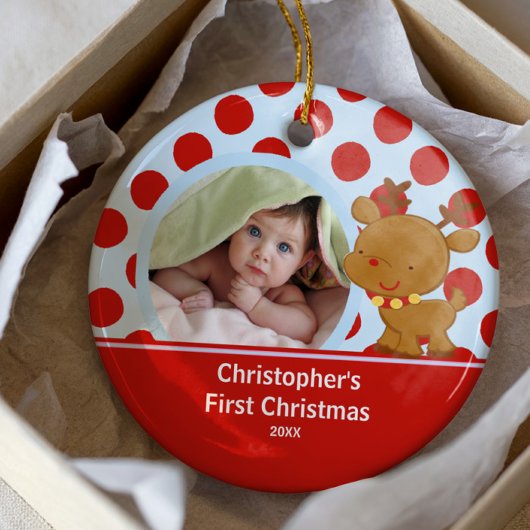 Reindeer Baby Boy Fotokerstversiering Keramisch Ornament