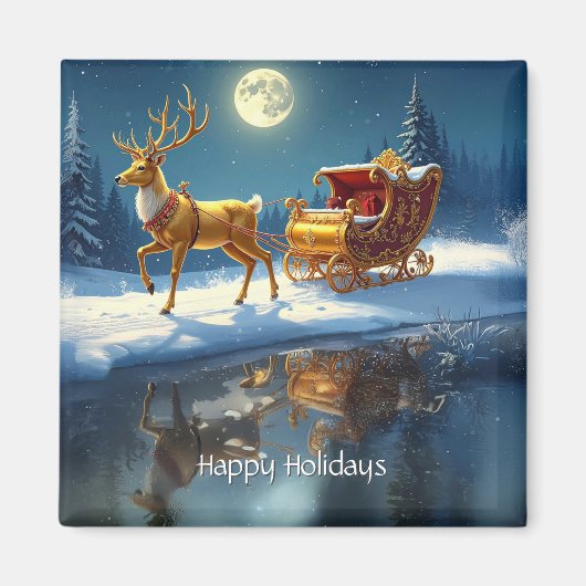 Reindeer Christmas Sleigh Holiday Magnet (Devant)
