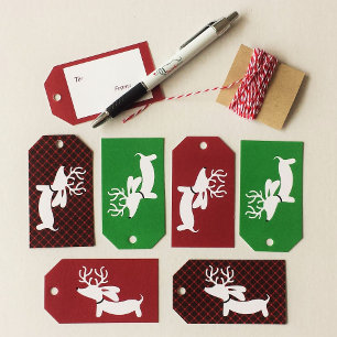Reindeer Dachshund Kerstmis Label over Groen Cadeaulabel