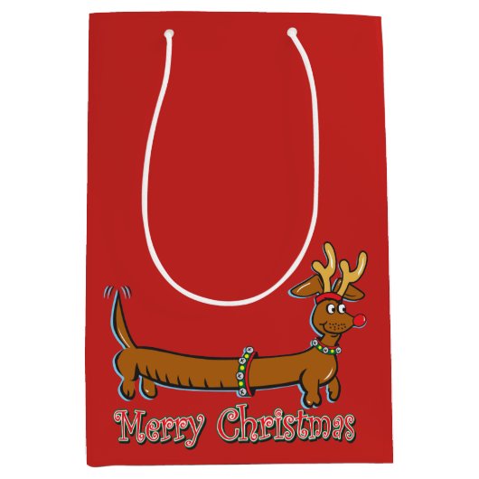 Reindeer Dachshund Merry Kerstmis Medium Cadeauzakje (Voorkant)