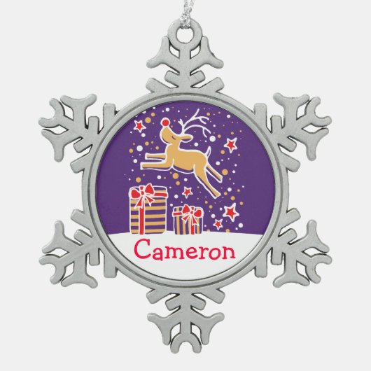 Reindeer met de naam snowflake-kerstversiering tin sneeuwvlok ornament (Voorkant)