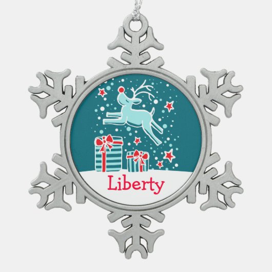 Reindeer met de naam snowflake-kerstversiering tin sneeuwvlok ornament (Voorkant)