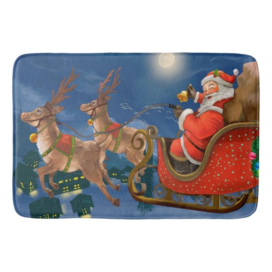 Reindeer Pulling Santa Claus Sleigh | Kerstmis Badmat (Voorkant)