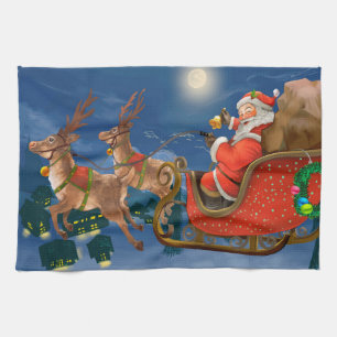 Reindeer Pulling Santa Claus Sleigh   Kerstmis Theedoek