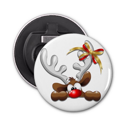 Reindeer Puzzled Funny Kerstpersonage Button Flesopener (Voorkant)