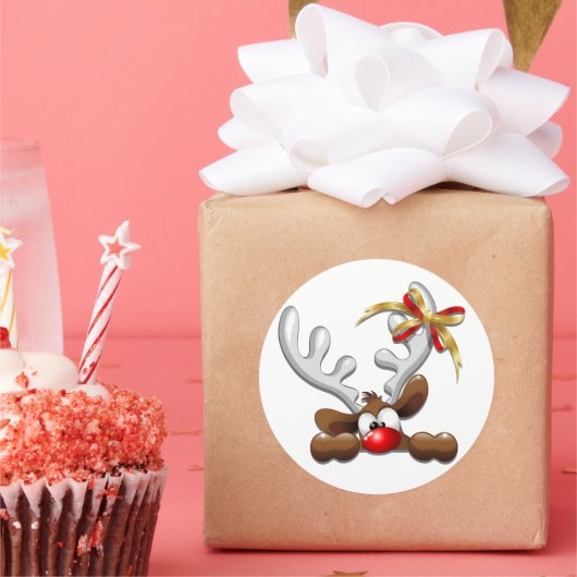 Reindeer Puzzled Funny Kerstpersonage Ronde Sticker (Feest)