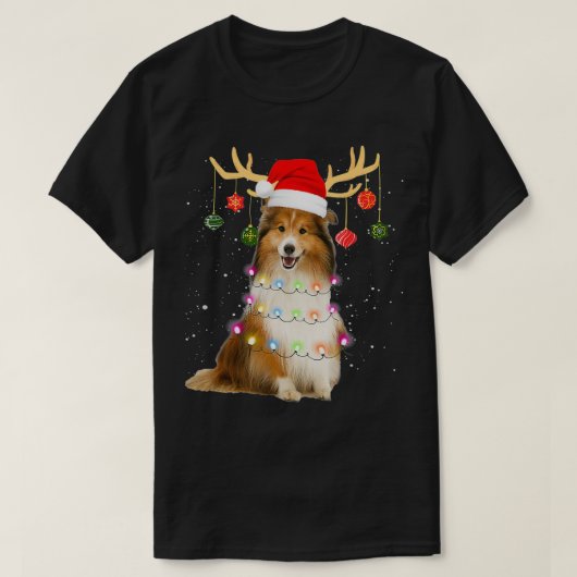 Reindeer Sheltie Dog Santa Hat Christmas Light Xma T-shirt (Design voorkant)