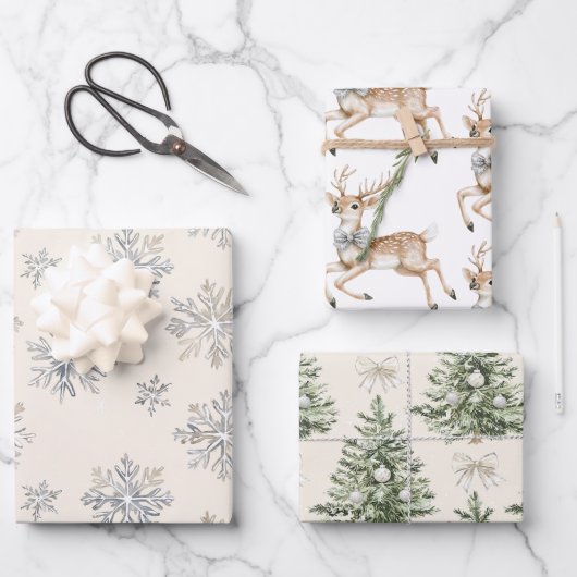 Reindeer Silver Snowflakes Christmas Trees Inpakpapier Vel (Voorkant)