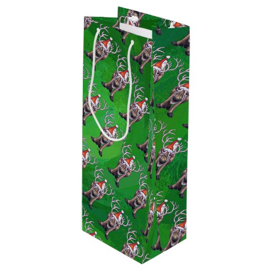Reindekerst op groen wijn cadeautas (Voorkant Gekanteld)