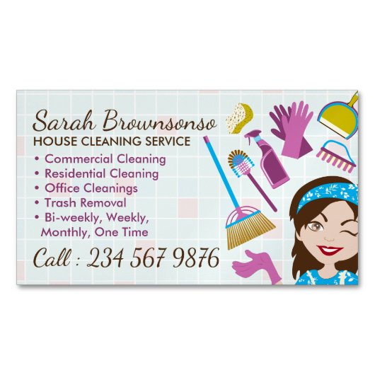 Reinigingsdienst Janitorial Lady Tegel Washing Magnetisch Visitekaartje (Voorkant)